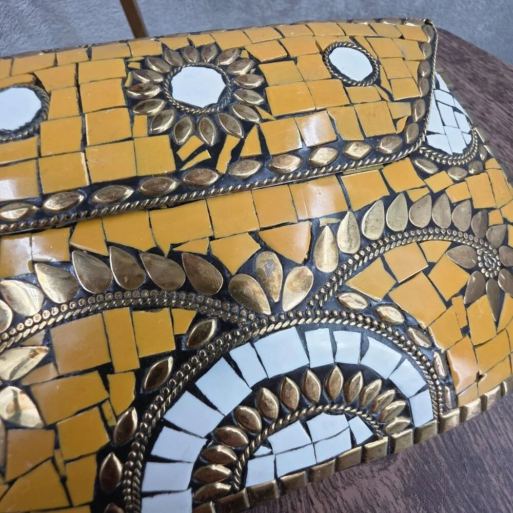 Antik Craft Metal Clutch Crossbody Honey Metallic Gold Mosaic Tile Art Chain New - Picture 10 of 15